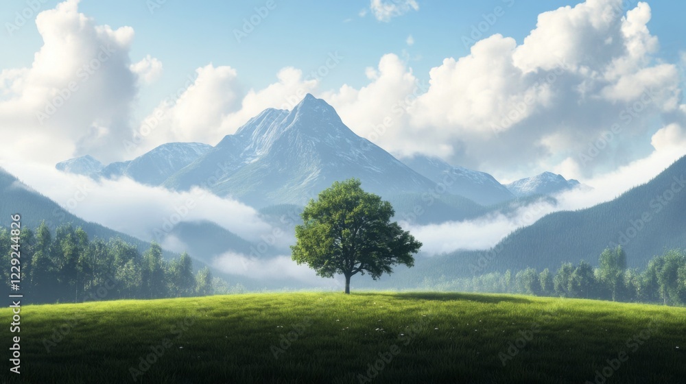 Fototapeta premium Lone tree on green meadow with majestic mountains and clouds.