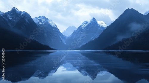 Wallpaper Mural Serene Mountain Reflections: A breathtaking view of snow-capped mountains reflected in a tranquil lake, their mirrored images blending seamlessly with the cloudy sky. Torontodigital.ca