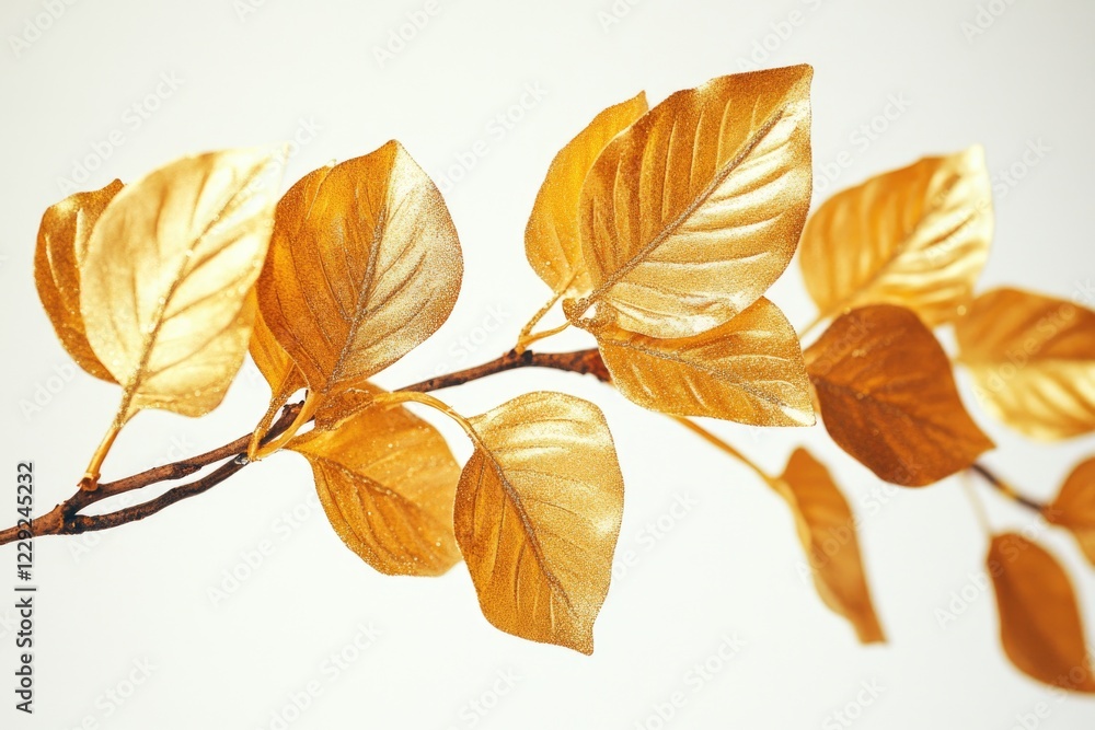 Naklejka premium A close-up shot of a branch with golden leaves against a white background, perfect for autumn or fall-themed designs