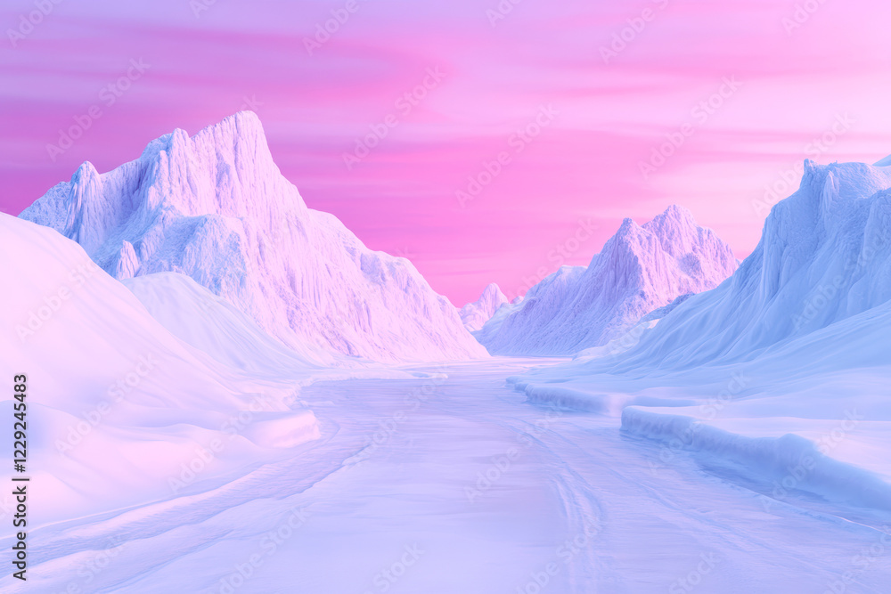 Obraz premium Mystical pink ice landscape with snowy mountains and serene sky in vibrant winter wonderland scene