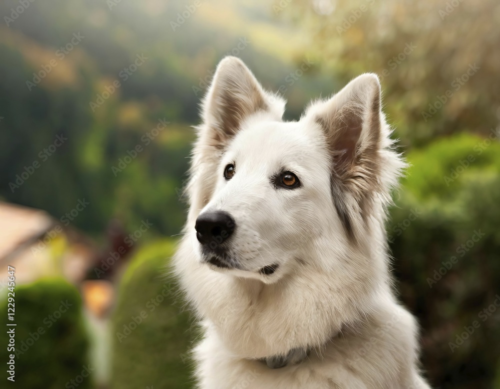 Obraz premium Dog, young dog, White Swiss Shepherd, Berger Blanc Suisse, recognised dog breed from Switzerland (picture KI generated), AI generated