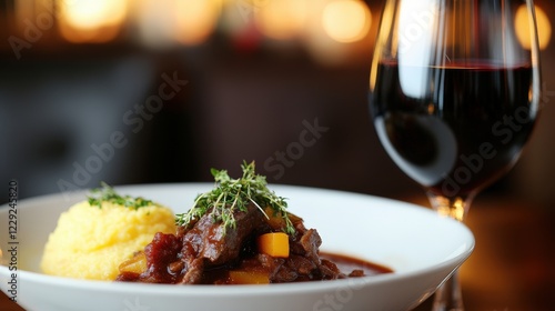 hearty Italian beef stew, simmered slowly with red wine, tomatoes, and herbs, served with a side of soft polenta and a glass of robust red wine. photo