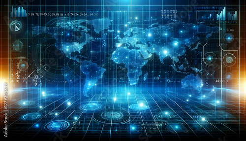 Background Technology A high-tech blue-toned background featuring glowing dots, lines forming a world map, numerical seque1