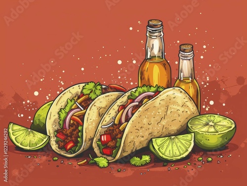 Tacos with a selection of sauces and lime halves on a rich red background, ai generated, AI generated photo