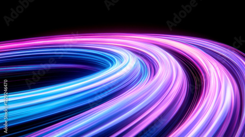 Neon light trails creating dynamic abstract shapes on black background for futuristic concept