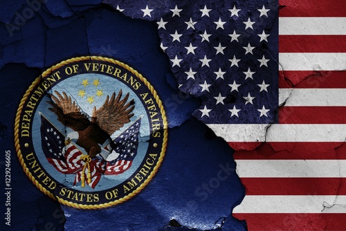 Flags of Department of Veterans Affairs and USA painted on cracked wall
