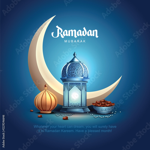 Ramadan Kareem art greetings with lantern and blue background. abstract vector illustration design.