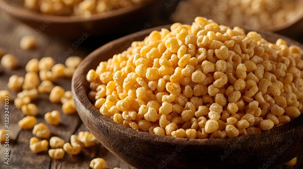 Cereals Crunchy Grain, Macro Shot of Puffed Cereal Grains in Wooden Bowl with Selective Focus Cereals Crunchy Grain, Macro Shot of Puffed Cereal Grains in Wooden Bowl with Selective Focus