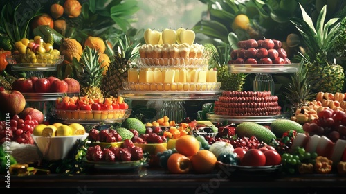 Extravagant tropical fruit table with a centerpiece and desserts