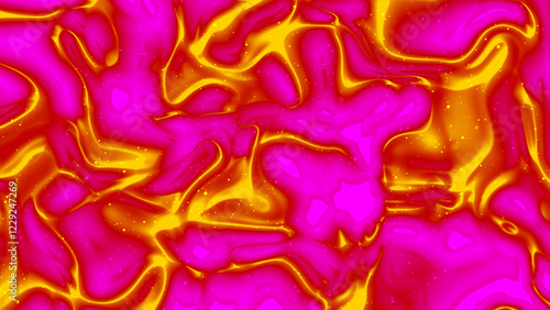 A vibrant abstract background with bubbles and flowing waves, featuring seamless geometric patterns and a mix of Yellow, Pink, Dark Red gradient, creating a silky, liquid-like texture