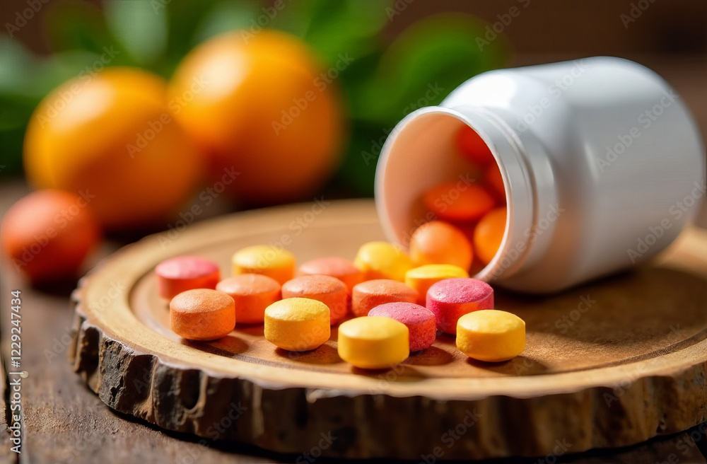 Brightly colored chewable vitamins in the shape of various fruits, laid out on a wooden board. The package of vitamins is open, and several candies are spilled onto the surface. The background is warm Brightly colored chewable vitamins in the shape of various fruits, laid out on a wooden board. The package of vitamins is open, and several candies are spilled onto the surface. The background is warm