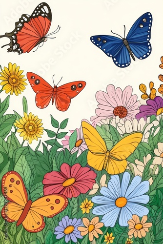 Colorful Butterflies and Flowers Garden Illustration . Children coloring page