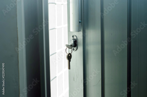 door lock with a key that hangs on the aluminum door