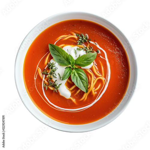 Delicious bowl of tomato soup with noodles, garnished with a cream swirl and fresh parsley, isolated on a transparent background. Perfect for food and culinary themes. photo