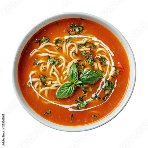 Delicious bowl of tomato soup with noodles, garnished with a cream swirl and fresh parsley, isolated on a transparent background. Perfect for food and culinary themes. photo