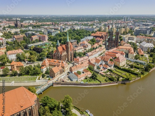 Drone image of the oldest, historic part of Wroclaw located mostly on the islands, Poland, Europe photo