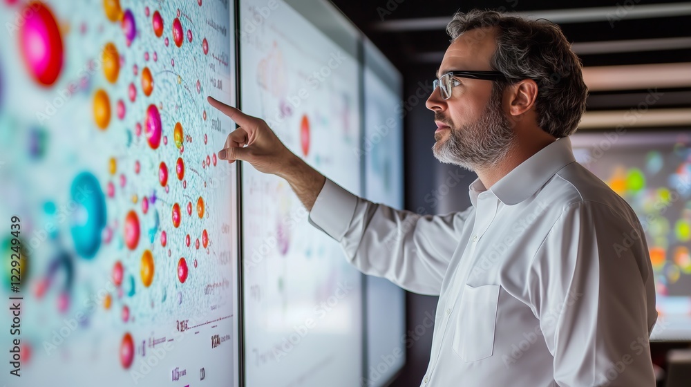 Scientist analyzing data on interactive whiteboard in modern laboratory Scientist analyzing data on interactive whiteboard in modern laboratory