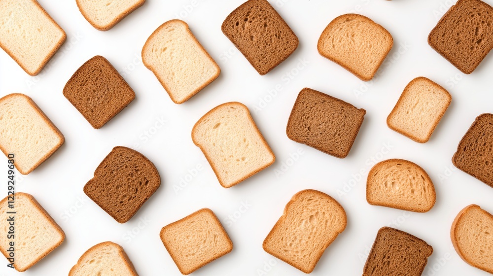 Assorted slices of bread arranged on a white surface showcasing various types and colors. Assorted slices of bread arranged on a white surface showcasing various types and colors.