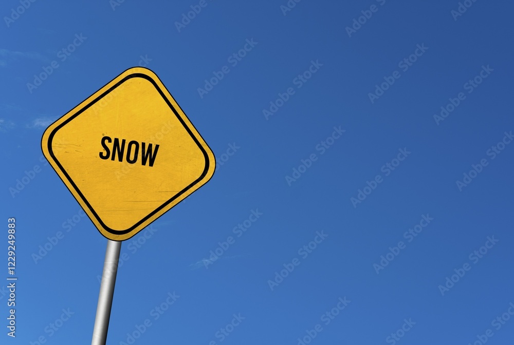 Naklejka premium Snow, yellow sign with blue sky