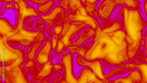 Abstract background with bubbles and metallic texture in Yellow, Pink, Dark Red gradient creating a colorful fluid pattern with a liquid, wavy design and light reflections