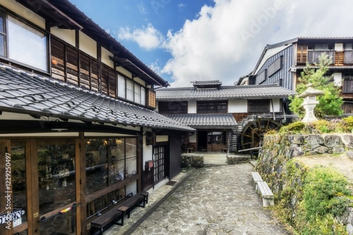 Houses with water wheel, Magome, Kiso Valley, Japan, Asia photo