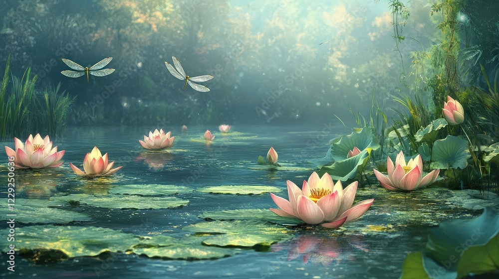 Naklejka premium Enchanted Water Lily Pond: Pink water lilies bloom serenely on a tranquil pond, dragonflies dance in the sunlit air, creating a magical, ethereal scene. 