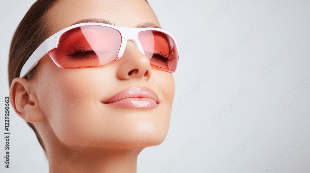 Close Up Portrait of Serene Young Woman in Pink Sunglasses Close Up Portrait of Serene Young Woman in Pink Sunglasses