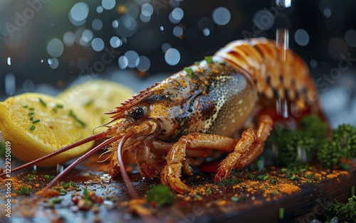 A styled lobster on a wooden surface with herbs and citrus garnishing, AI generate, AI generated photo