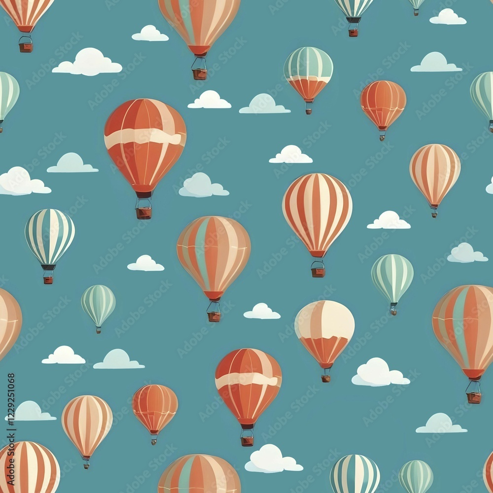 Obraz premium Whimsical illustration of red and white hot air balloons floating against a teal sky with scattered clouds, Seamless pattern, AI generated