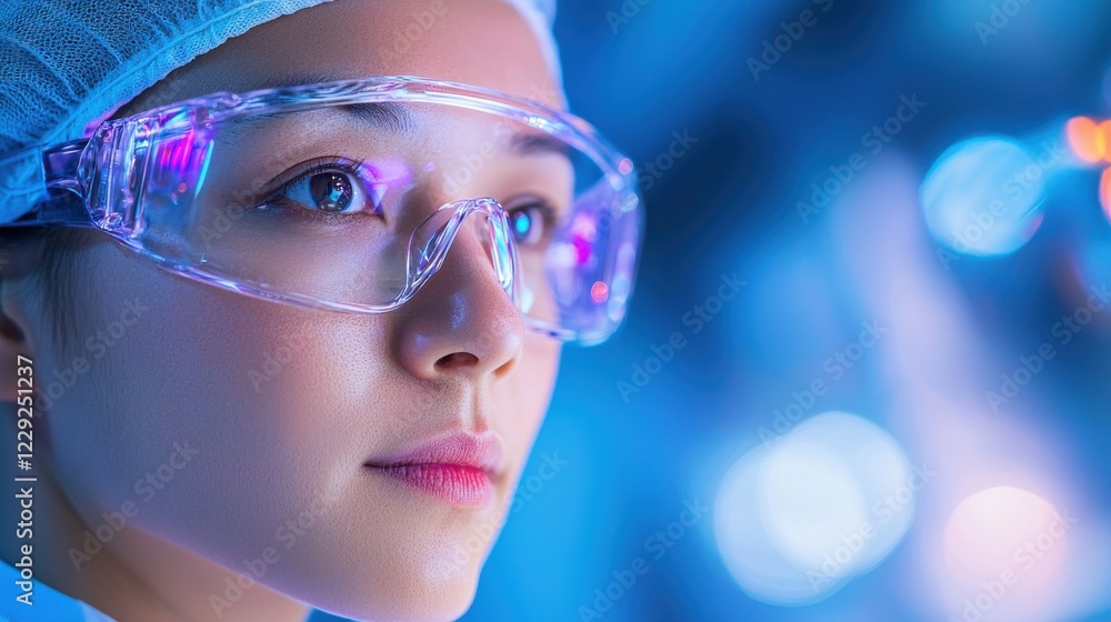 Focused Female Scientist in Blue Lit Laboratory Focused Female Scientist in Blue Lit Laboratory