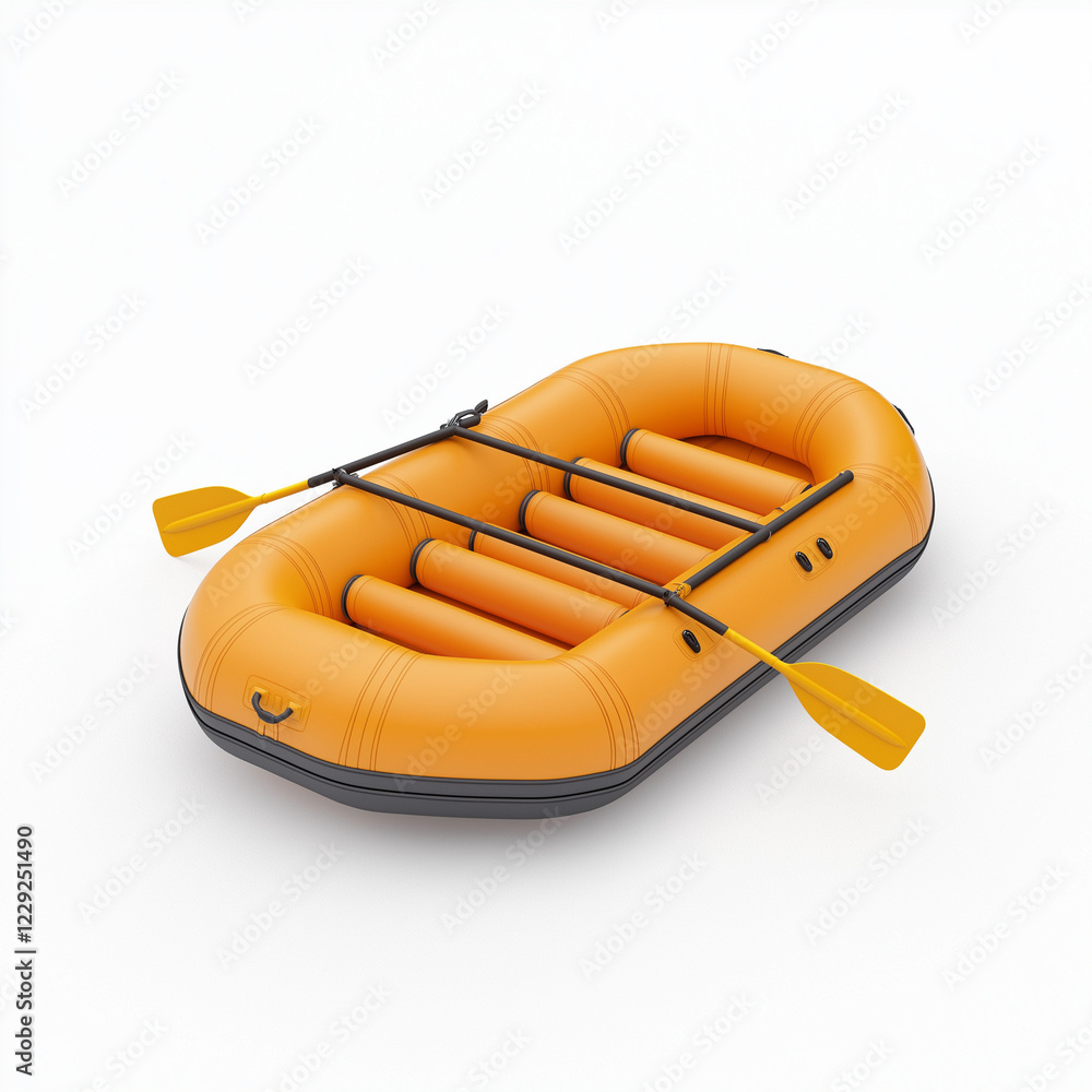 An inflatable raft with oars, hyper-realistic 3D illustration, bright colors, isolated on white background An inflatable raft with oars, hyper-realistic 3D illustration, bright colors, isolated on white background