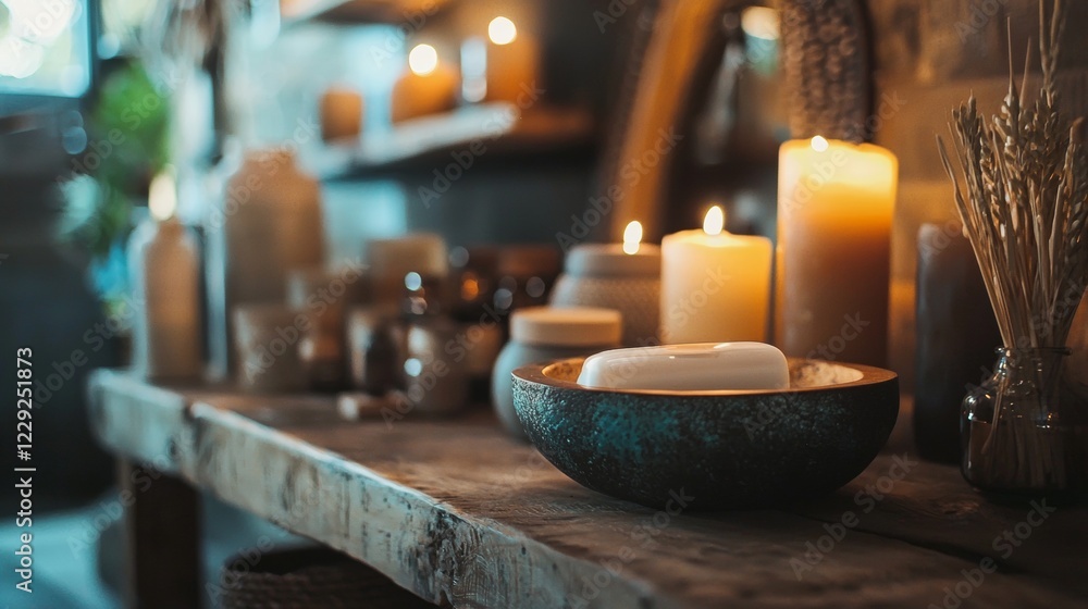 Cozy candlelit arrangement with warm rustic decor Cozy candlelit arrangement with warm rustic decor