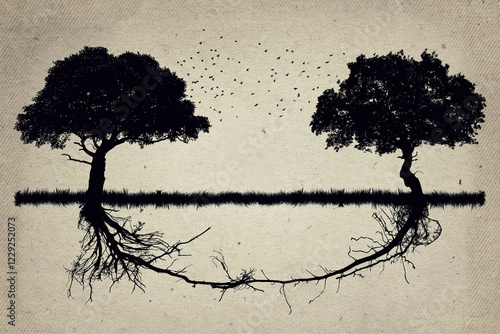 Schilderij op canvas Two trees in front of each other with their roots growing together