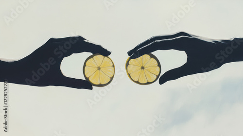 A close-up view of two silhouetted hands reaching toward each other, positioned above two apple slices instead of lemons