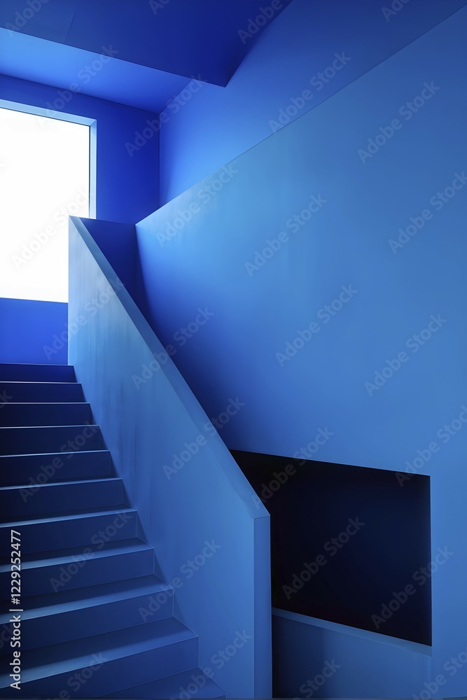 AI generated minimalist architectural shot of blue walls intersecting around a modern stairway AI generated minimalist architectural shot of blue walls intersecting around a modern stairway