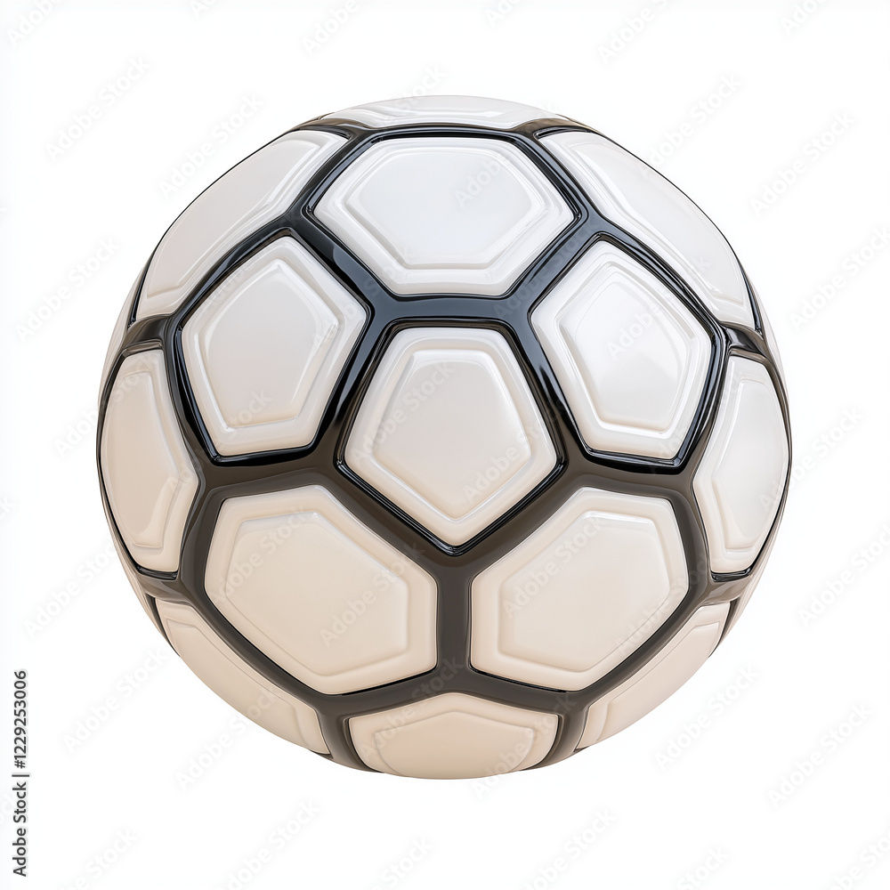 Obraz premium A classic soccer ball, sports equipment element, hyper-realistic 3D rendering, black and white hexagon pattern, isolated on white background