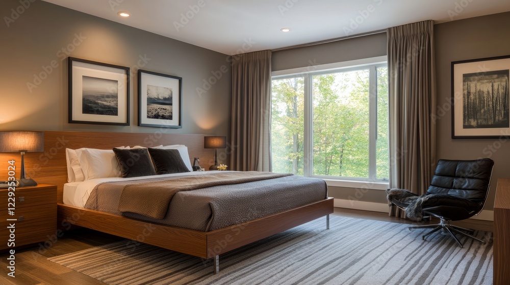 Fototapeta premium A sophisticated mid-century modern bedroom featuring a rich wooden bed with polished chrome legs and subtle, elegant decor.