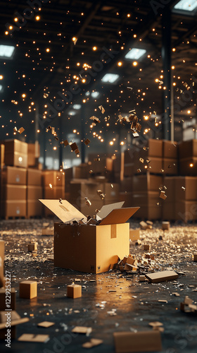 Open cardboard box with scattered packing material in warehouse