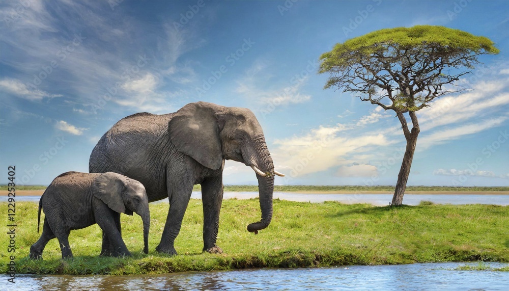 Fototapeta premium KI generated, animal, animals, mammal, mammals, biotope, habitat, one, single animal, foraging, wildlife, Africa, african elephant (Loxodonta africana), river, water