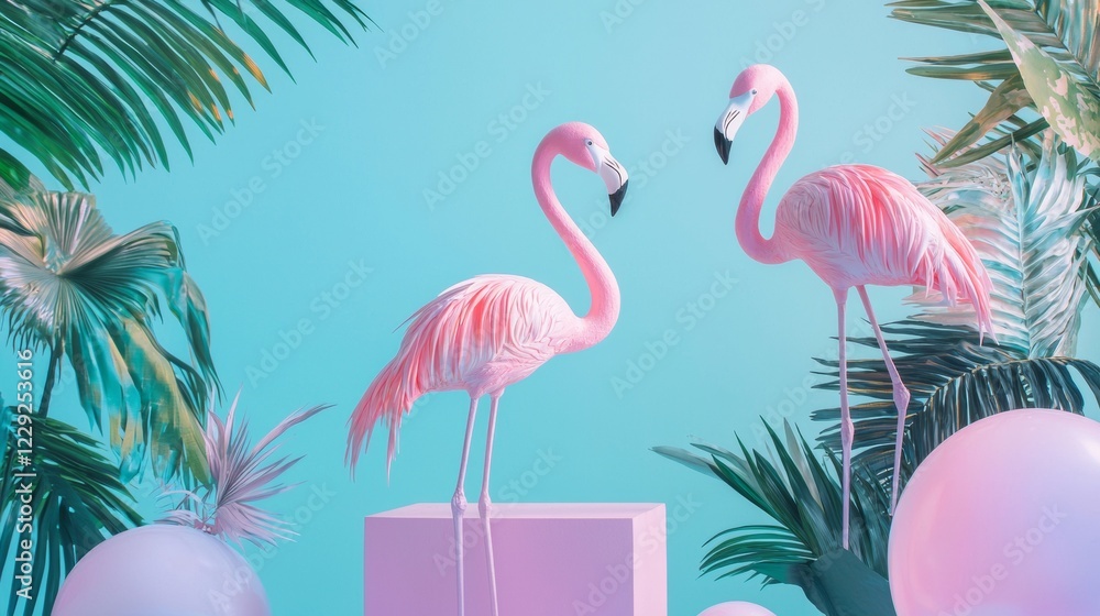 Fototapeta premium Tropical flamingos with pastel props and greenery