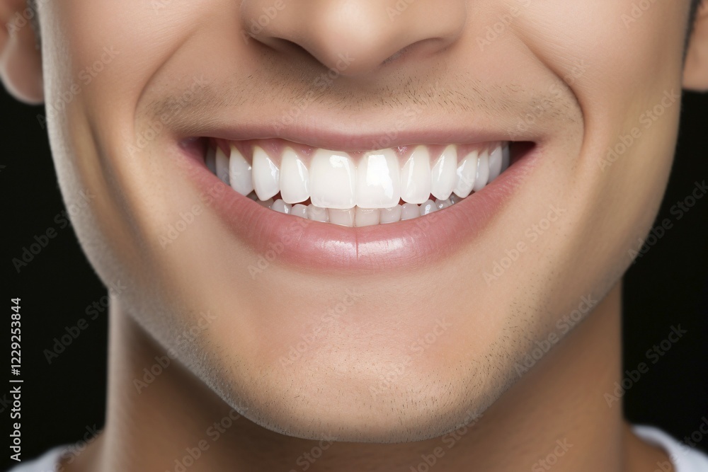 Fototapeta premium Close up of man's mouth with very white and straight teeth. KI generiert, generiert AI generated