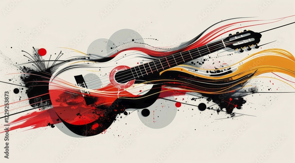 Obraz premium Colorful abstract rendering of a guitar with red and yellow elements and dynamic splatters, ai generated, AI generated