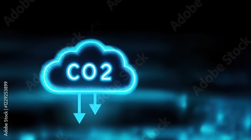 Wallpaper Mural A glowing blue neon cloud with arrows pointing down and the word CO2, representing carbon capture technology and reducing CO2 emissions Torontodigital.ca