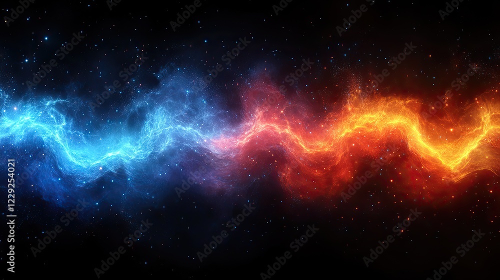 Fototapeta premium Vibrant cosmic wave of blue and orange nebula swirling through the dark universe background