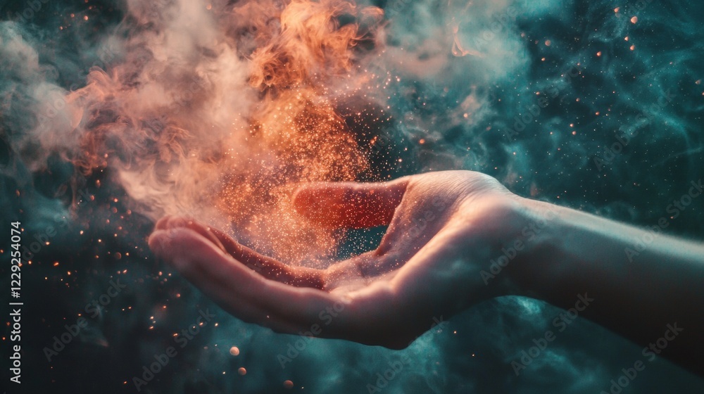 Fototapeta premium Fiery orange powder scattering from a hand in dramatic lighting