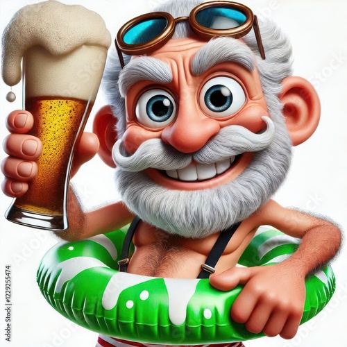 Bright sunshine shines on the cheerful old man who is soaked in joy, relaxing by the pool with an inflatable ring and holding a frothy beer, embracing a perfect leisure day