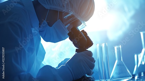 Close Up of a Scientist Using a Microscope, Analyzing a Petri Dish Sample. Developing New Drugs. 