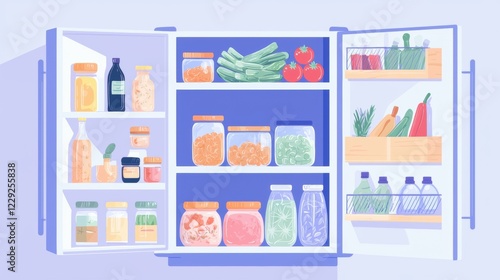 Illustration of an open refrigerator with the door open. inside the refrigerator, there are various food items such as bottles, jars, and containers.