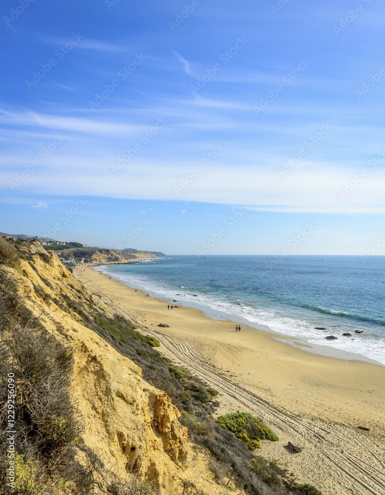 View of the sandy beach from Vista Point, Pelican Point, coastal reserve, Crystal Cove State Park, Orange County, California, USA, North America View of the sandy beach from Vista Point, Pelican Point, coastal reserve, Crystal Cove State Park, Orange County, California, USA, North America