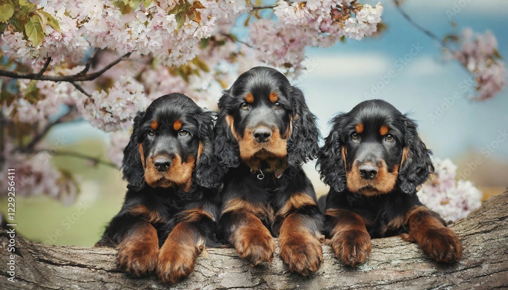 KI generated, animal, animals, mammal, mammals, one, single animal, Gordon Setter, (Canis lupus familiaris), dog, dogs, bitch, hunting dog, dog breed from England, three puppies KI generated, animal, animals, mammal, mammals, one, single animal, Gordon Setter, (Canis lupus familiaris), dog, dogs, bitch, hunting dog, dog breed from England, three puppies